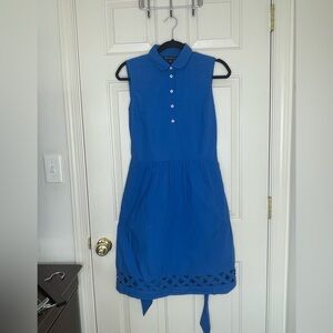 Brooks Brothers Sleeveless Blue Shirt Dress with Lattice Hem & Waist Tie | 4